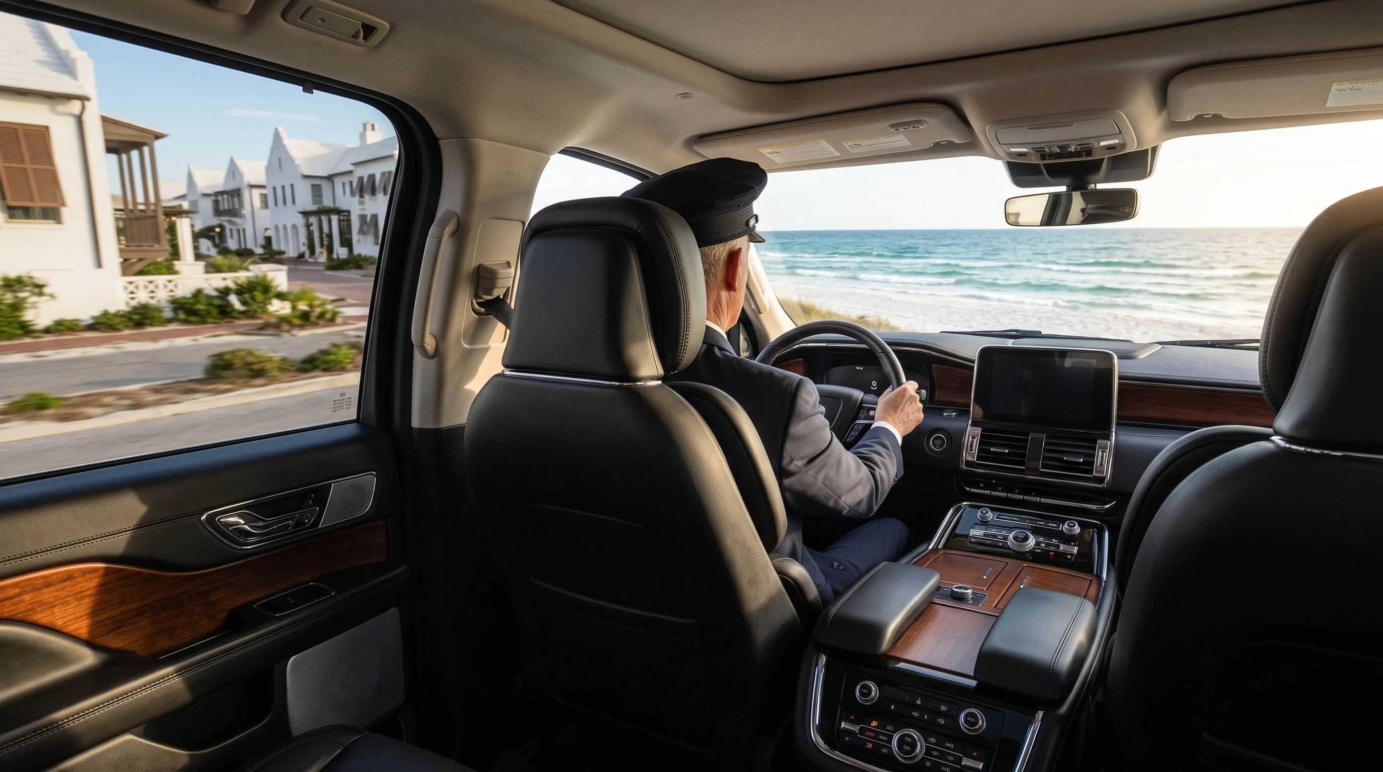 Driver's-eye view along the 30A coastline during an airport transfer