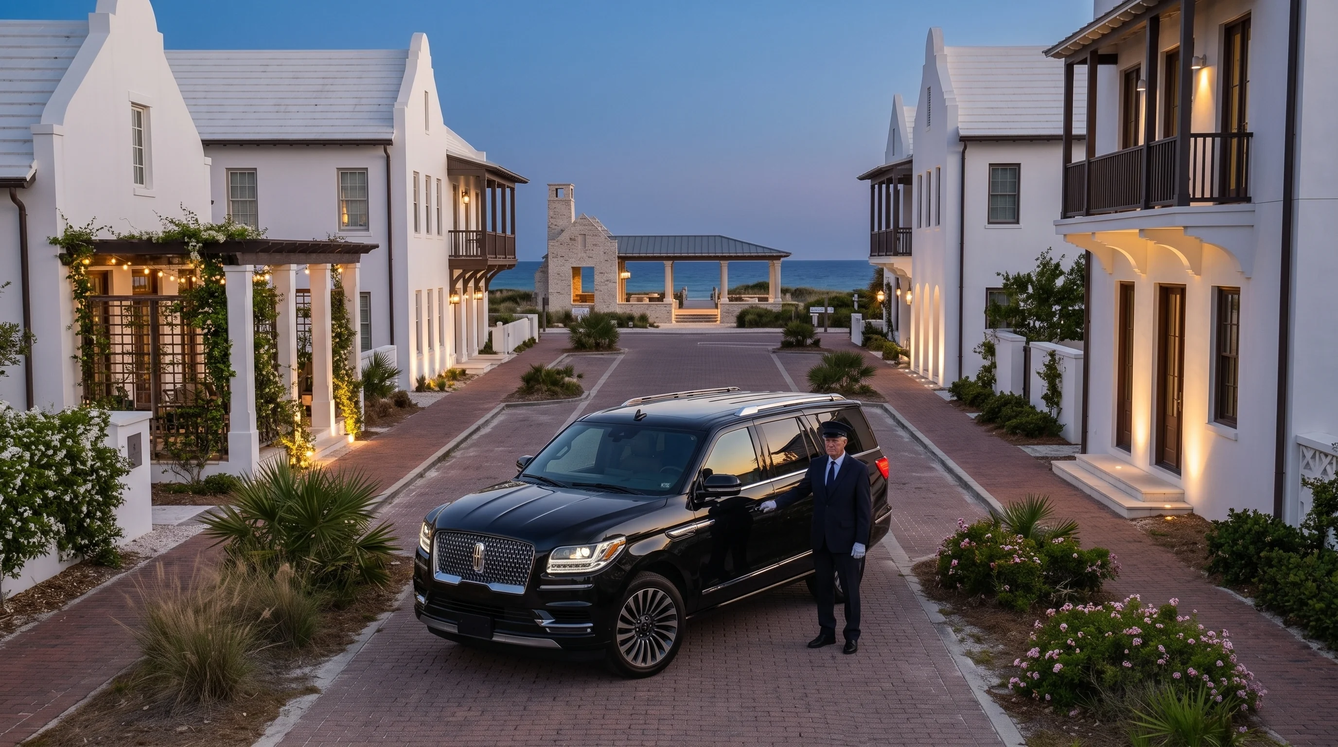 Chauffeur standing beside the charter vehicle in a 30A beach community at dusk