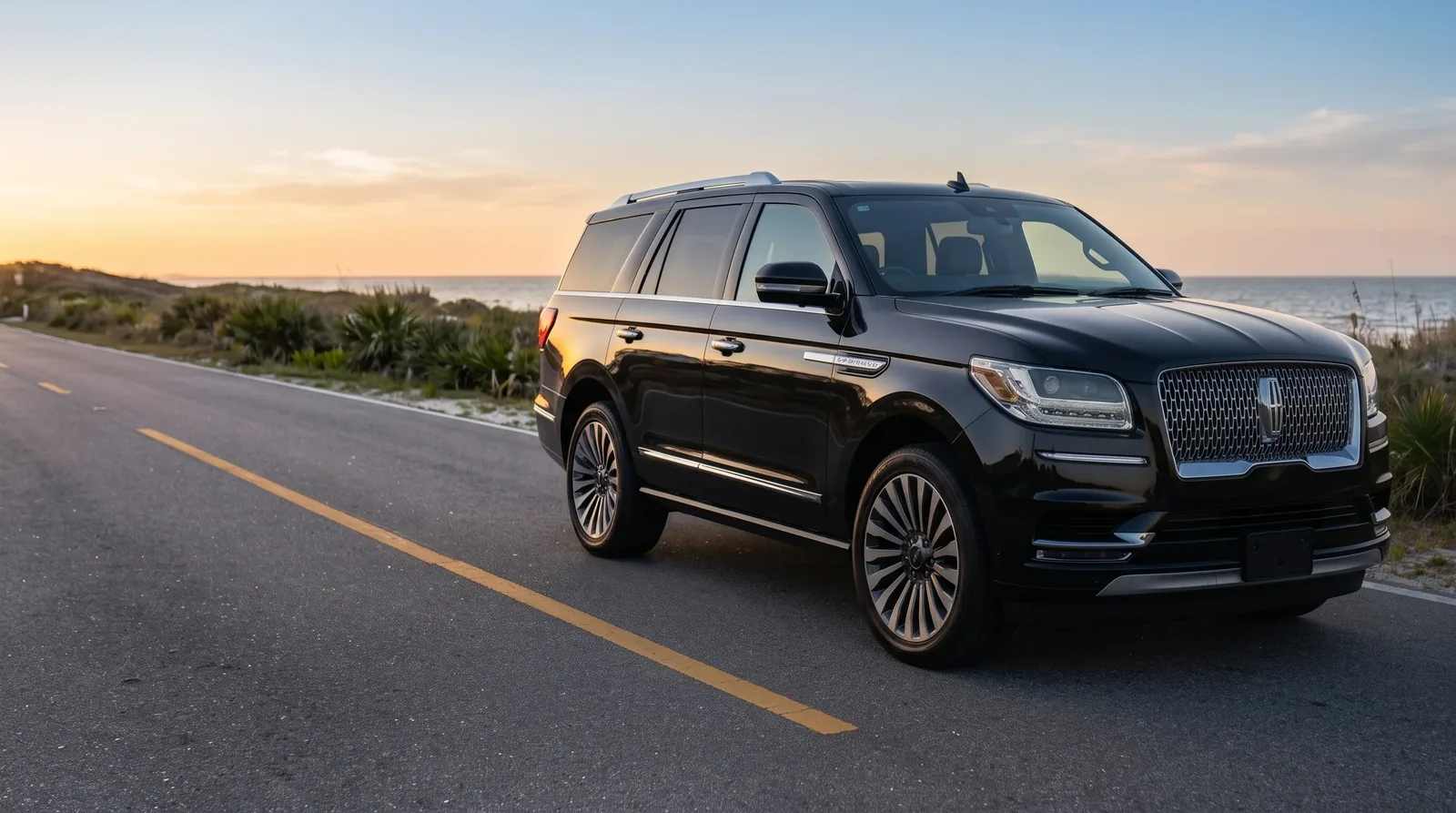 Black Lincoln Navigator SUV used for Lee's 30A Car Service, parked along a 30A beach road at sunset