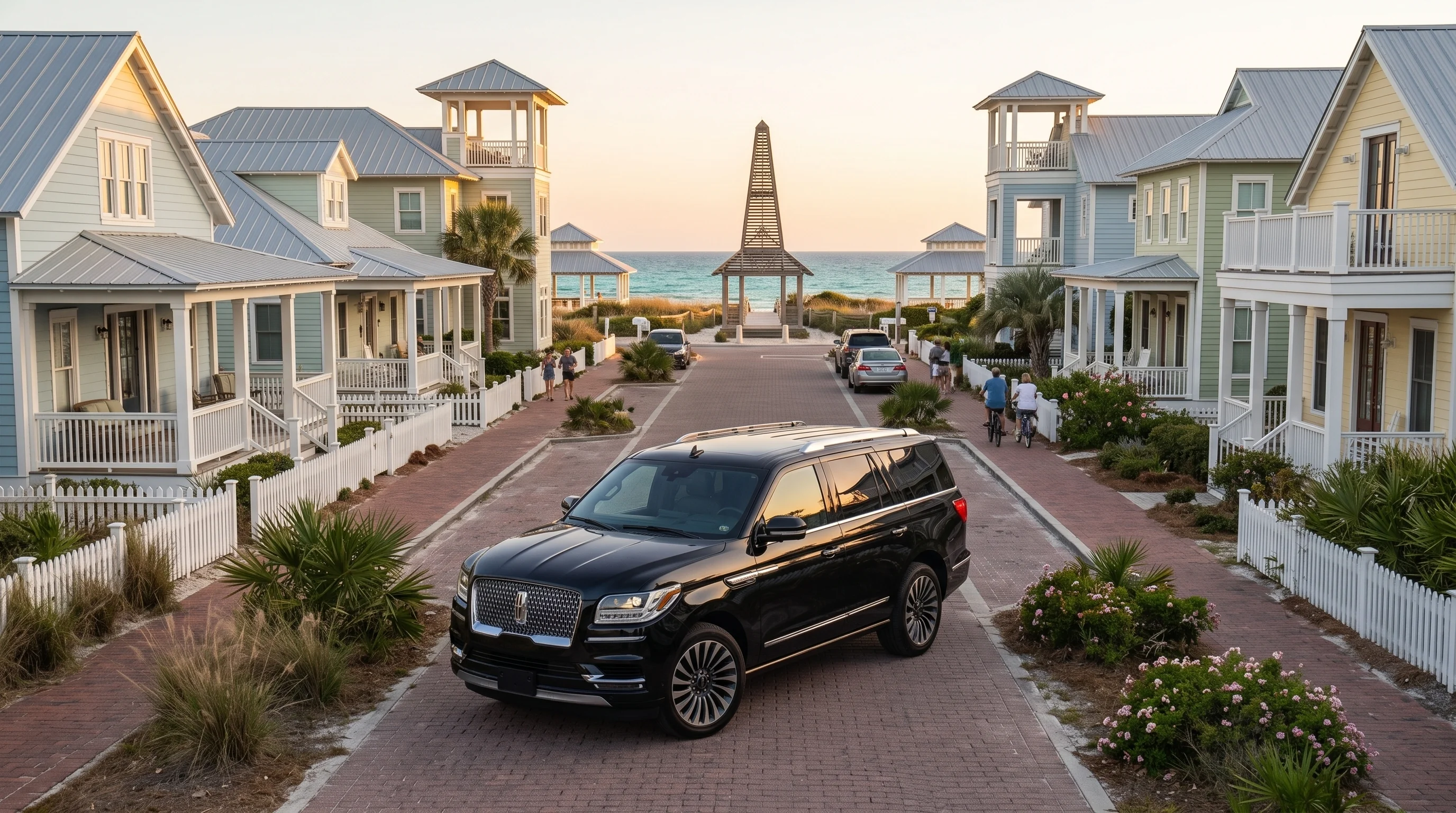 Vehicle used for a private 30A real estate tour on a beach-community street
